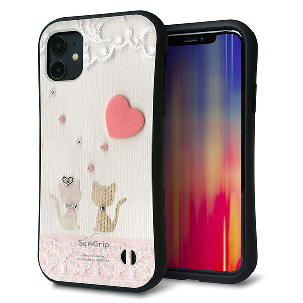 iPhone11 スマホケース 「SEA Grip」 グリップケース Sライン 【1104 クラフト写真 ネコ (ハートM) 】 UV印刷