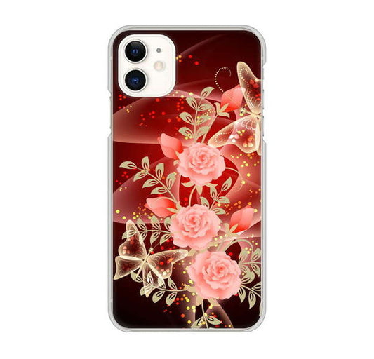iPhone 11 高画質仕上げ 背面印刷 ハードケース 【VA824 魅惑の蝶とピンクのバラ】