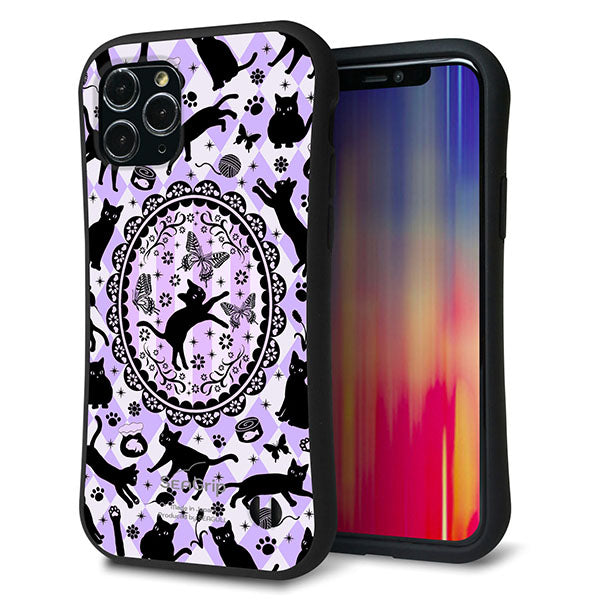 iPhone11 Pro スマホケース 「SEA Grip」 グリップケース Sライン 【AG879 ネコがいっぱいダイヤ柄 パープル】 UV印刷