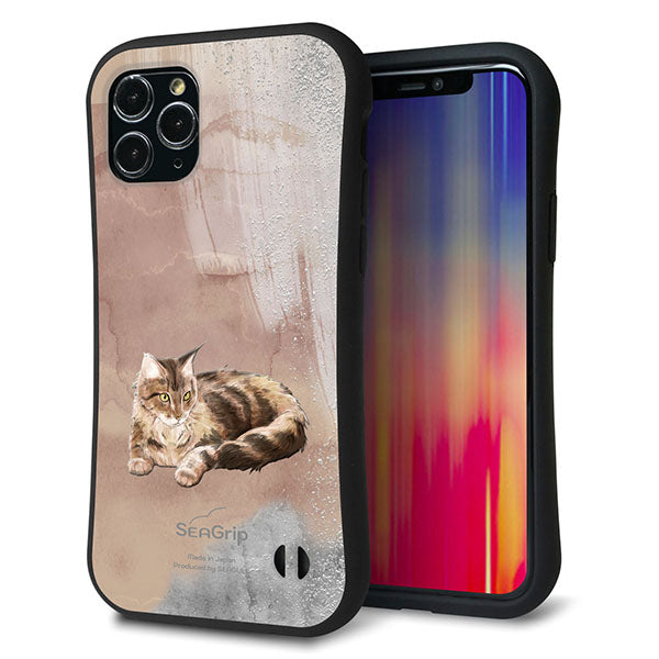 iPhone11 Pro スマホケース 「SEA Grip」 グリップケース Sライン 【HA173 メインクーン+くすみカラー】 UV印刷