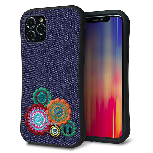iPhone11 Pro スマホケース 「SEA Grip」 グリップケース Sライン 【KM934 エスニックフラワー デニム】 UV印刷