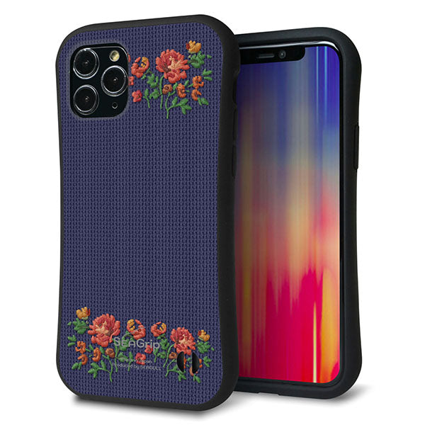 iPhone11 Pro スマホケース 「SEA Grip」 グリップケース Sライン 【KM943 花刺繍風 レッドフラワー ネイビー 】 UV印刷