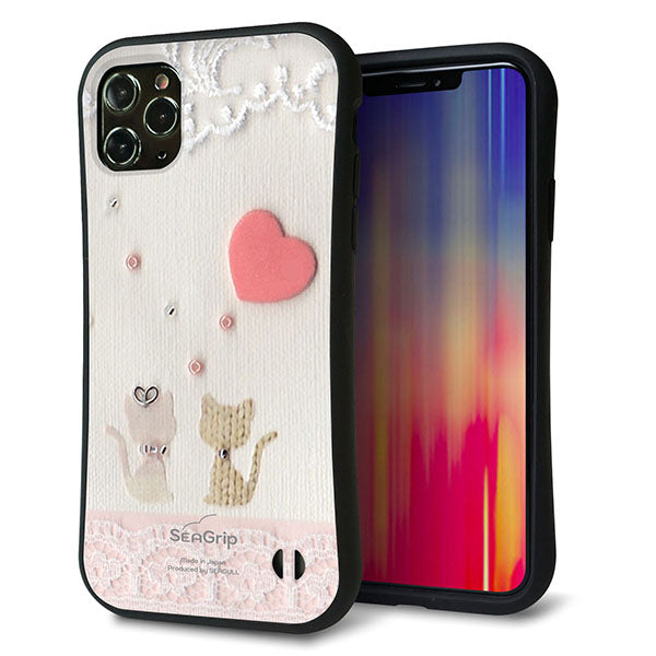 iPhone11 Pro Max スマホケース 「SEA Grip」 グリップケース Sライン 【1104 クラフト写真 ネコ (ハートM) 】 UV印刷