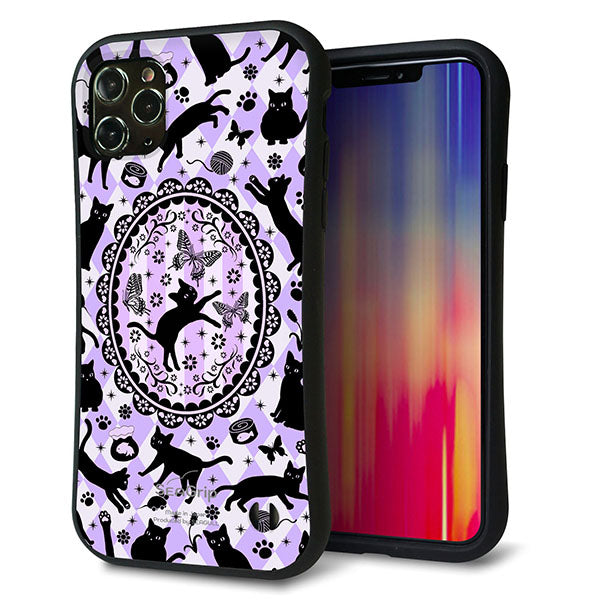 iPhone11 Pro Max スマホケース 「SEA Grip」 グリップケース Sライン 【AG879 ネコがいっぱいダイヤ柄 パープル】 UV印刷