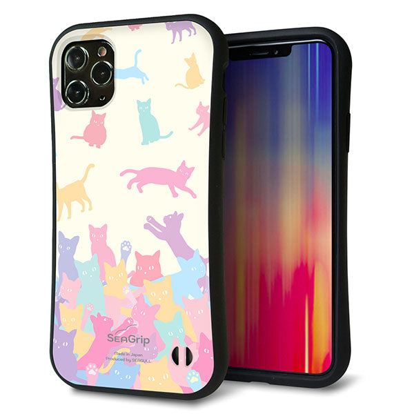 iPhone11 Pro Max スマホケース 「SEA Grip」 グリップケース Sライン 【AG885 ネコ積もり マルチカラー】 UV印刷