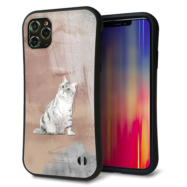 iPhone11 Pro Max スマホケース 「SEA Grip」 グリップケース Sライン 【HA166 アメリカンショートヘア+くすみカラー】 UV印刷