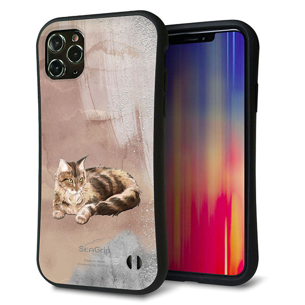 iPhone11 Pro Max スマホケース 「SEA Grip」 グリップケース Sライン 【HA173 メインクーン+くすみカラー】 UV印刷