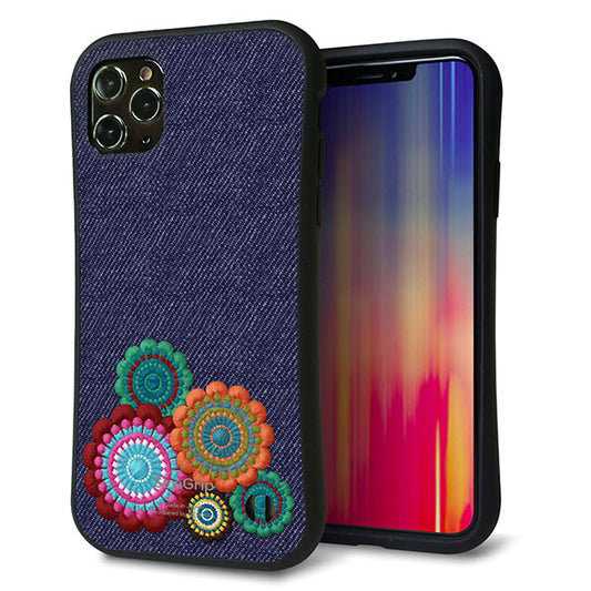 iPhone11 Pro Max スマホケース 「SEA Grip」 グリップケース Sライン 【KM934 エスニックフラワー デニム】 UV印刷