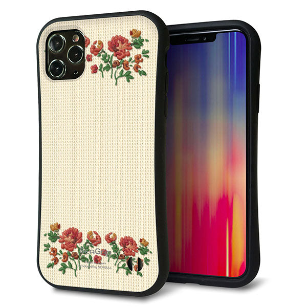 iPhone11 Pro Max スマホケース 「SEA Grip」 グリップケース Sライン 【KM941 花刺繍風 レッドフラワー オフホワイト 】 UV印刷