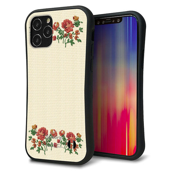 iPhone12 スマホケース 「SEA Grip」 グリップケース Sライン 【KM941 花刺繍風 レッドフラワー オフホワイト 】 UV印刷