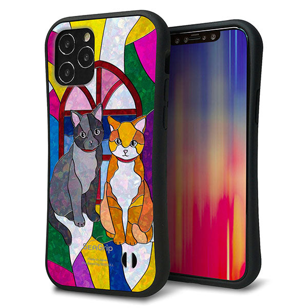 iPhone12 スマホケース 「SEA Grip」 グリップケース Sライン 【MA995 ステンドグラス ネコ】 UV印刷