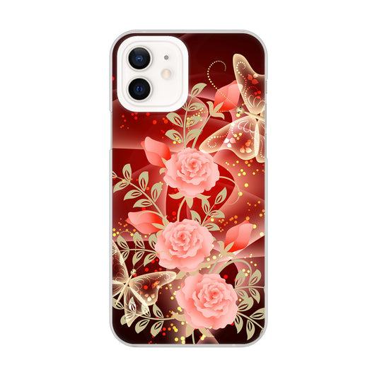 iPhone12 高画質仕上げ 背面印刷 ハードケース 【VA824 魅惑の蝶とピンクのバラ】