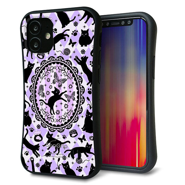 iPhone12 mini スマホケース 「SEA Grip」 グリップケース Sライン 【AG879 ネコがいっぱいダイヤ柄 パープル】 UV印刷