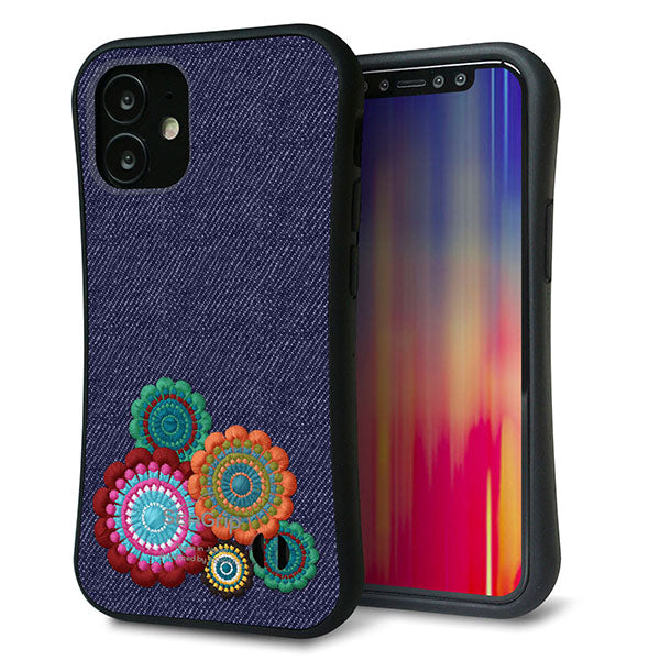 iPhone12 mini スマホケース 「SEA Grip」 グリップケース Sライン 【KM934 エスニックフラワー デニム】 UV印刷