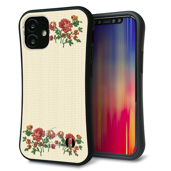 iPhone12 mini スマホケース 「SEA Grip」 グリップケース Sライン 【KM941 花刺繍風 レッドフラワー オフホワイト 】 UV印刷