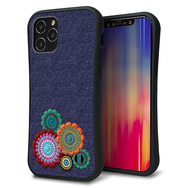 iPhone12 Pro スマホケース 「SEA Grip」 グリップケース Sライン 【KM934 エスニックフラワー デニム】 UV印刷
