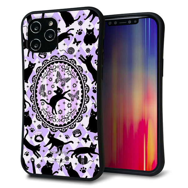 iPhone12 Pro Max スマホケース 「SEA Grip」 グリップケース Sライン 【AG879 ネコがいっぱいダイヤ柄 パープル】 UV印刷