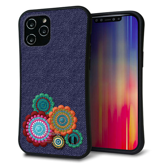 iPhone12 Pro Max スマホケース 「SEA Grip」 グリップケース Sライン 【KM934 エスニックフラワー デニム】 UV印刷