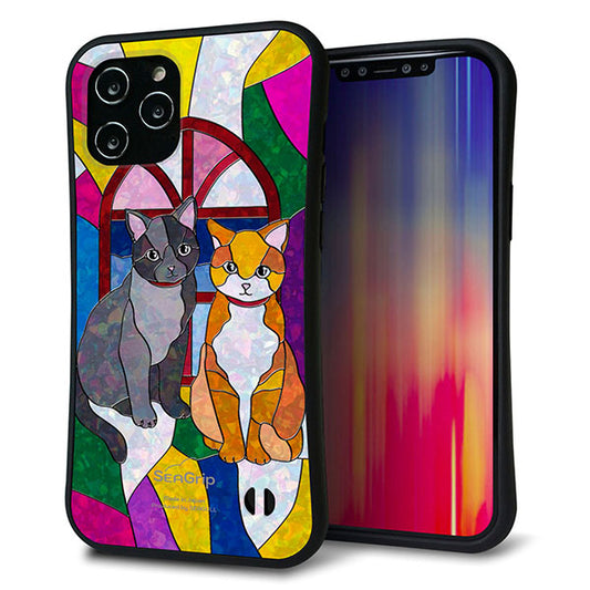 iPhone12 Pro Max スマホケース 「SEA Grip」 グリップケース Sライン 【MA995 ステンドグラス ネコ】 UV印刷