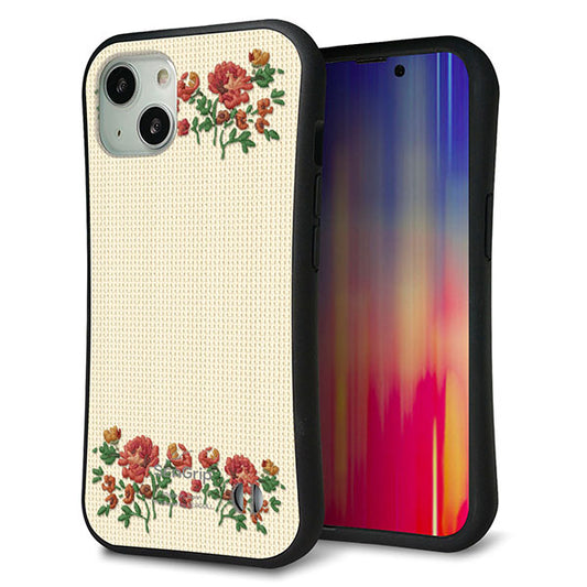 iPhone13 スマホケース 「SEA Grip」 グリップケース Sライン 【KM941 花刺繍風 レッドフラワー オフホワイト 】 UV印刷