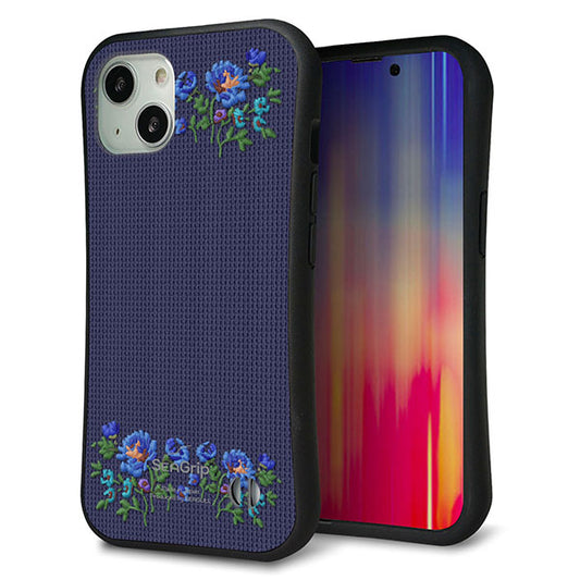 iPhone13 スマホケース 「SEA Grip」 グリップケース Sライン 【KM944 花刺繍風 ブルーフラワー オフホワイト 】 UV印刷