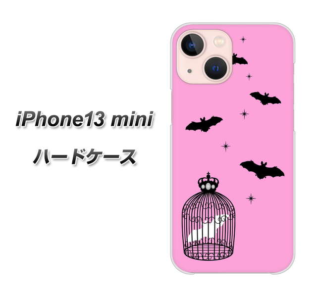 iPhone13 mini 高画質仕上げ 背面印刷 ハードケース【AG808 こうもりの王冠鳥かご（ピンク×黒）】