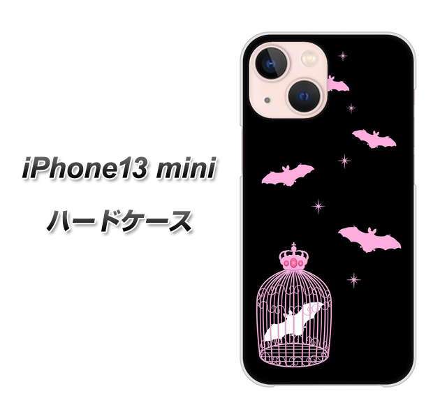 iPhone13 mini 高画質仕上げ 背面印刷 ハードケース【AG809 こうもりの王冠鳥かご（黒×ピンク）】