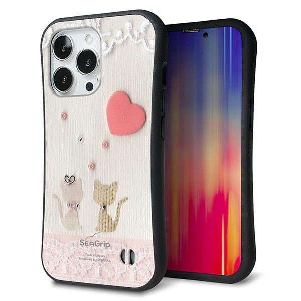iPhone13 Pro スマホケース 「SEA Grip」 グリップケース Sライン 【1104 クラフト写真 ネコ (ハートM) 】 UV印刷