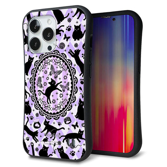 iPhone13 Pro スマホケース 「SEA Grip」 グリップケース Sライン 【AG879 ネコがいっぱいダイヤ柄 パープル】 UV印刷