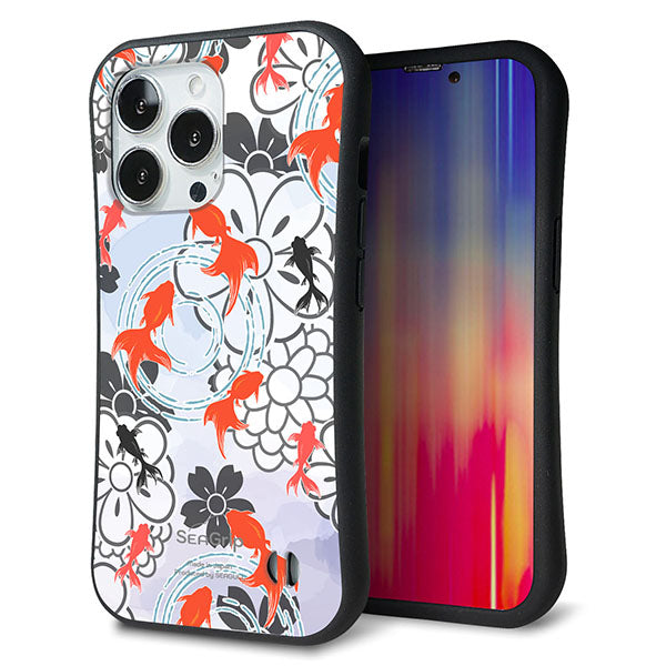 iPhone13 Pro スマホケース 「SEA Grip」 グリップケース Sライン 【HA216 金魚 花柄 グレー 】 UV印刷