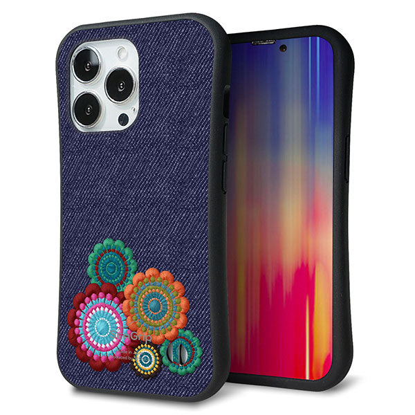 iPhone13 Pro スマホケース 「SEA Grip」 グリップケース Sライン 【KM934 エスニックフラワー デニム】 UV印刷
