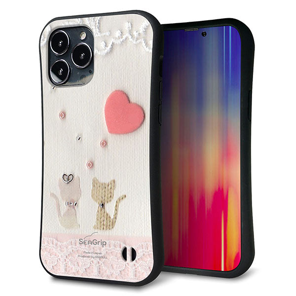 iPhone13 Pro Max スマホケース 「SEA Grip」 グリップケース Sライン 【1104 クラフト写真 ネコ (ハートM) 】 UV印刷