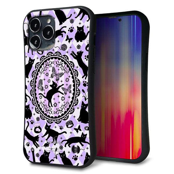 iPhone13 Pro Max スマホケース 「SEA Grip」 グリップケース Sライン 【AG879 ネコがいっぱいダイヤ柄 パープル】 UV印刷