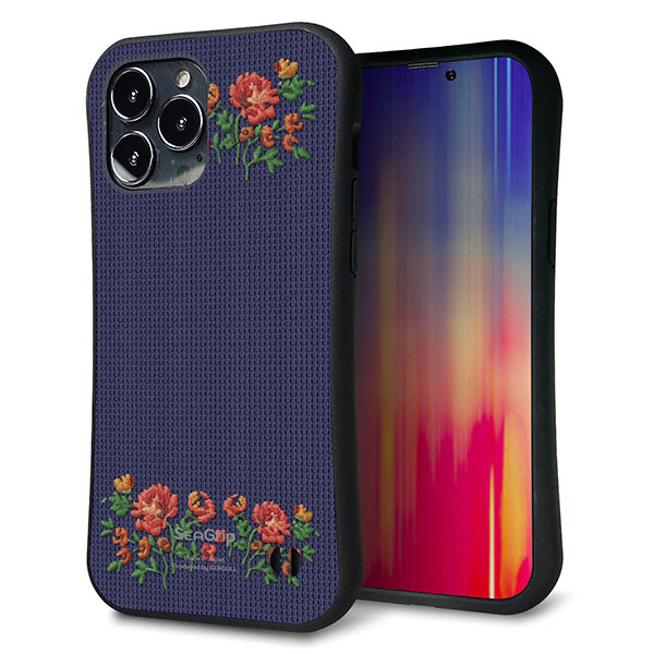 iPhone13 Pro Max スマホケース 「SEA Grip」 グリップケース Sライン 【KM943 花刺繍風 レッドフラワー ネイビー 】 UV印刷
