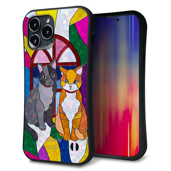 iPhone13 Pro Max スマホケース 「SEA Grip」 グリップケース Sライン 【MA995 ステンドグラス ネコ】 UV印刷