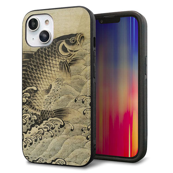 iPhone14 強化ガラス＆TPUスマホケース ガラプリ【MA970 和柄 鶴鯉 B】