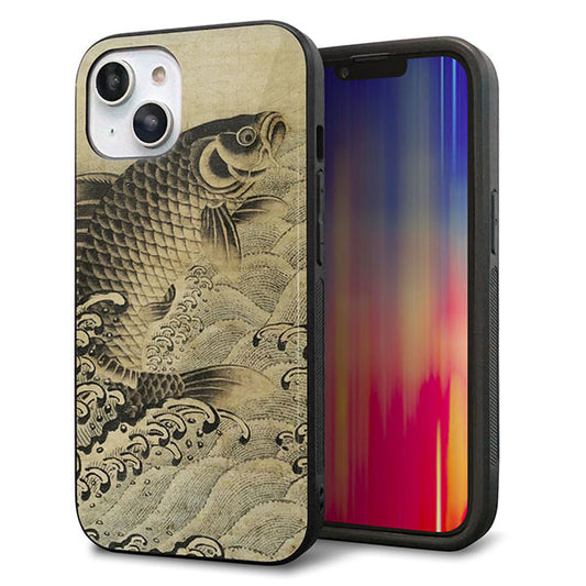 iPhone14 強化ガラス＆TPUスマホケース ガラプリ【MA970 和柄 鶴鯉 B】