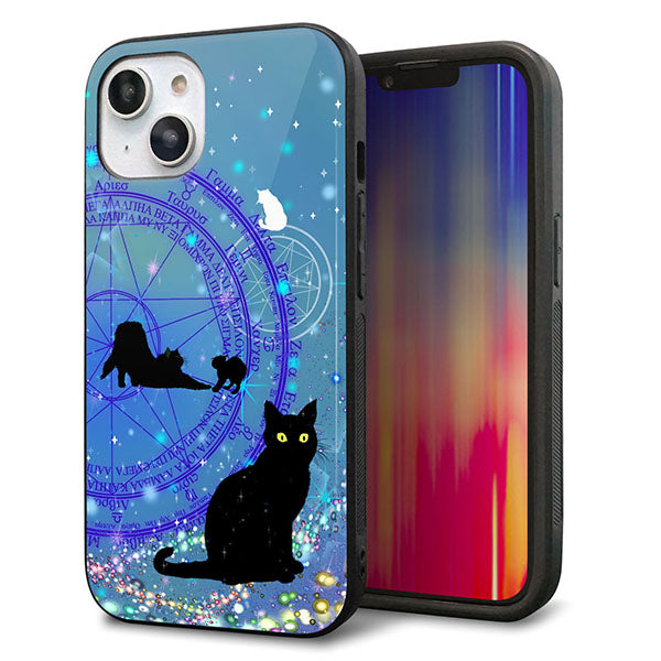 iPhone14 強化ガラス＆TPUスマホケース ガラプリ【YJ327 魔法陣猫 キラキラ かわいい】