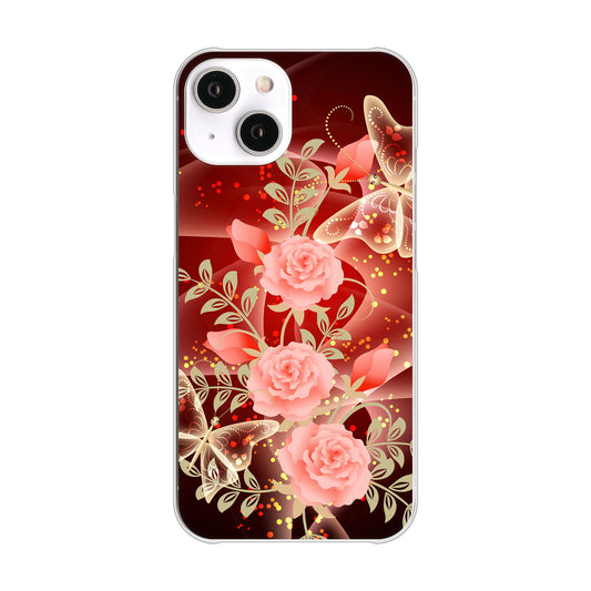 iPhone14 高画質仕上げ 背面印刷 ハードケース 【VA824 魅惑の蝶とピンクのバラ】
