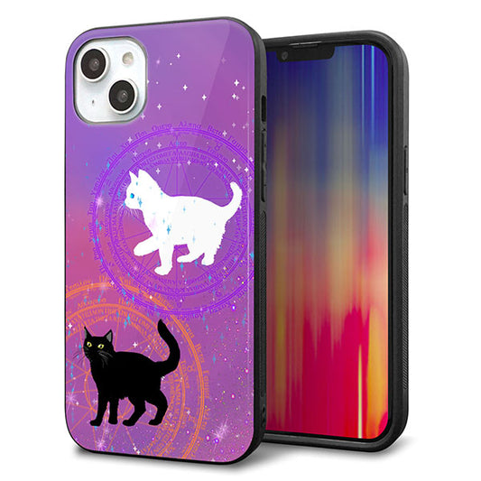 iPhone14 Plus 強化ガラス＆TPUスマホケース ガラプリ【YJ328 魔法陣猫 キラキラ かわいい ピンク】