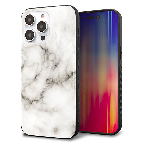 iPhone14 Pro Max 強化ガラス＆TPUスマホケース ガラプリ【KM871 大理石WH】