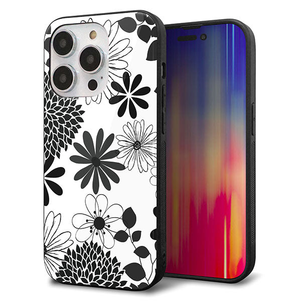 iPhone14 Pro 強化ガラス＆TPUスマホケース ガラプリ【SC912 花柄モノトーン 01】