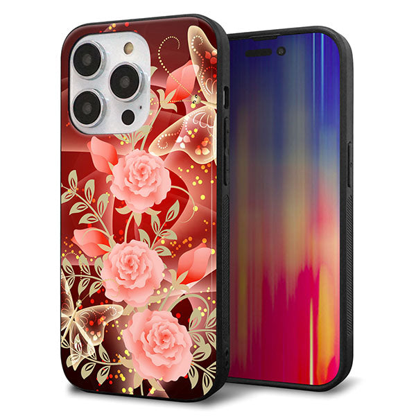 iPhone14 Pro 強化ガラス＆TPUスマホケース ガラプリ【VA824 魅惑の蝶とピンクのバラ】