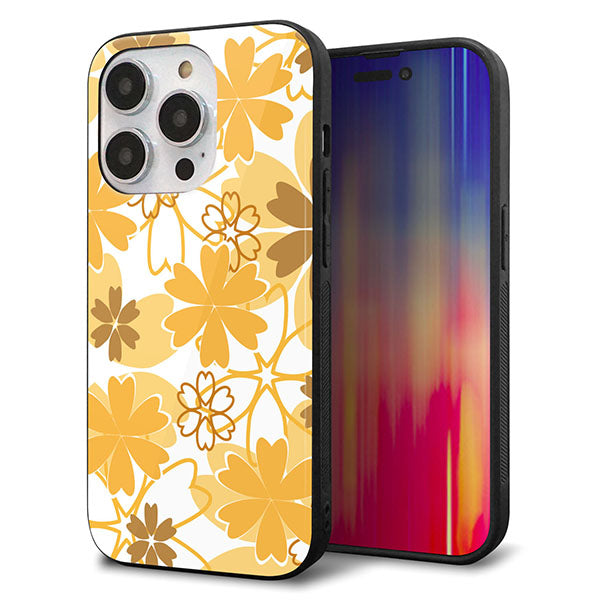 iPhone14 Pro 強化ガラス＆TPUスマホケース ガラプリ【VA959 重なり合う花 オレンジ】