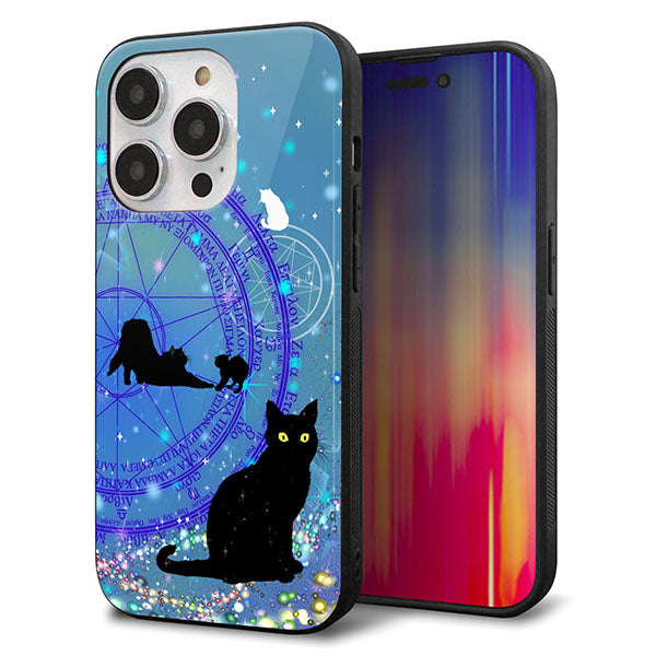 iPhone14 Pro 強化ガラス＆TPUスマホケース ガラプリ【YJ327 魔法陣猫 キラキラ かわいい】