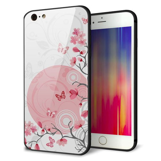 iPhone6 PLUS 強化ガラス＆TPUスマホケース ガラプリ【030 花と蝶（うす桃色）】