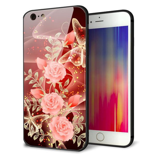 iPhone6 PLUS 強化ガラス＆TPUスマホケース ガラプリ【VA824 魅惑の蝶とピンクのバラ】