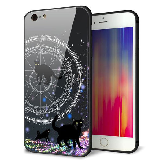 iPhone6s PLUS 強化ガラス＆TPUスマホケース ガラプリ【YJ330 魔法陣猫　キラキラ 黒猫】