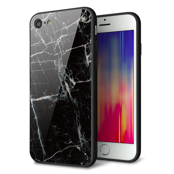 iPhone8 強化ガラス＆TPUスマホケース ガラプリ【KM867 大理石BK】