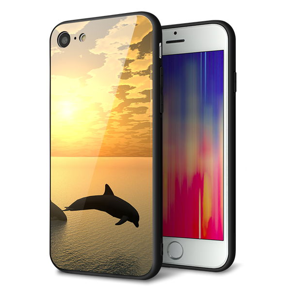 iPhone8 強化ガラス＆TPUスマホケース ガラプリ【VA845 夕暮れのドルフィン】